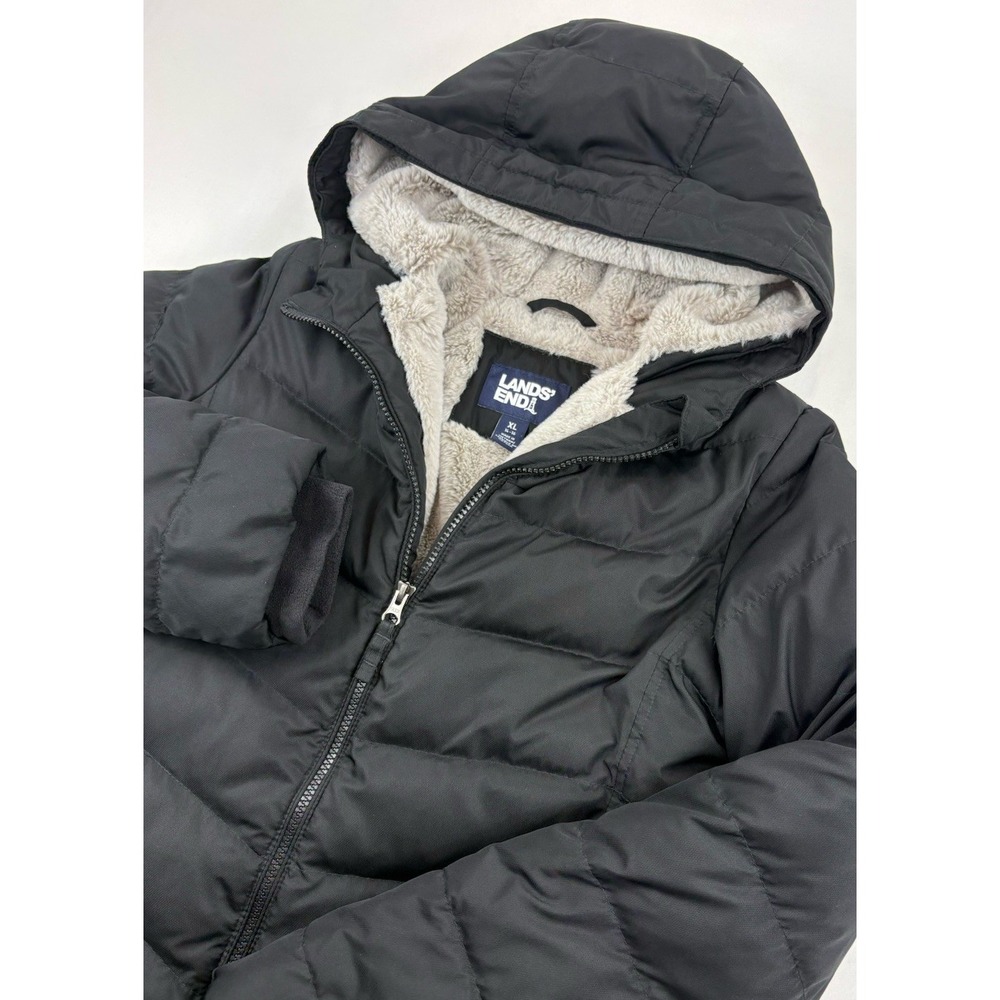 Lands' End Black Hooded Faux Fur Lined Puffer Jacket Coat Girls XL 14-16.